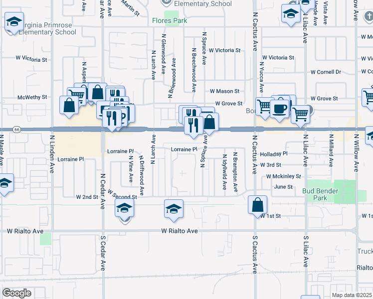 map of restaurants, bars, coffee shops, grocery stores, and more near 998 Lorraine Place in Rialto