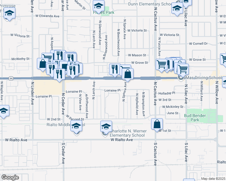 map of restaurants, bars, coffee shops, grocery stores, and more near 998 Lorraine Place in Rialto
