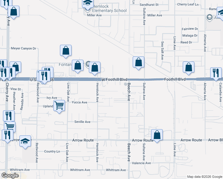 map of restaurants, bars, coffee shops, grocery stores, and more near 15172 Macadamia Court in Fontana