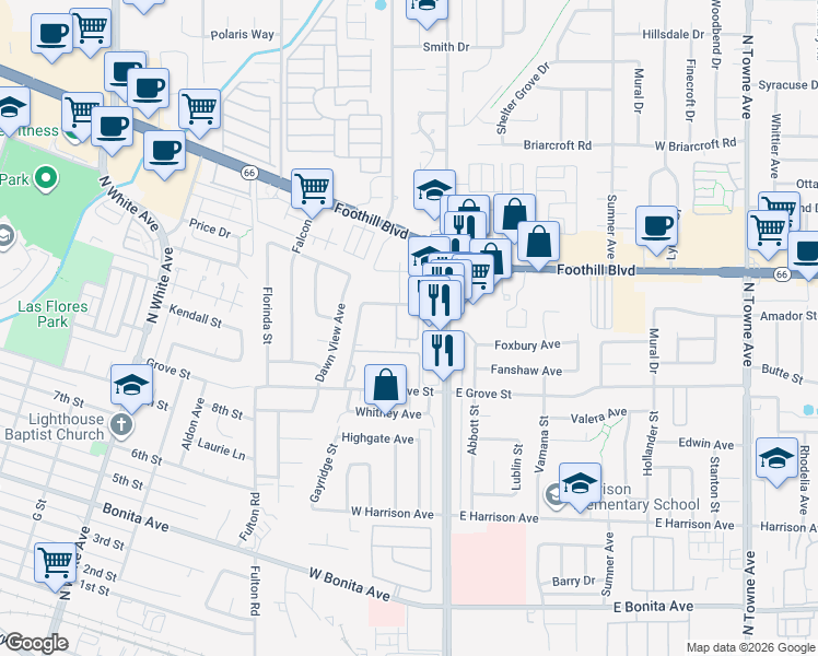 map of restaurants, bars, coffee shops, grocery stores, and more near 150 Drake Street in Pomona