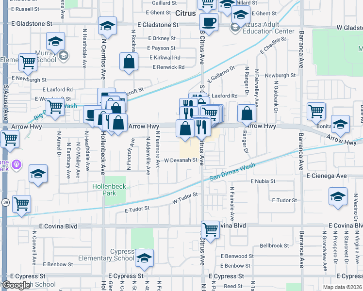 map of restaurants, bars, coffee shops, grocery stores, and more near 218 West Bygrove Street in Covina