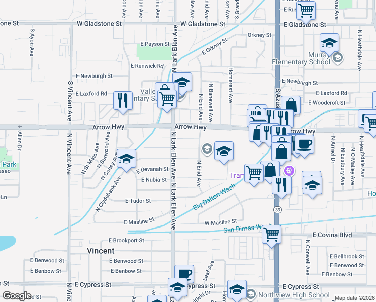 map of restaurants, bars, coffee shops, grocery stores, and more near 17047 Bygrove Street in Covina