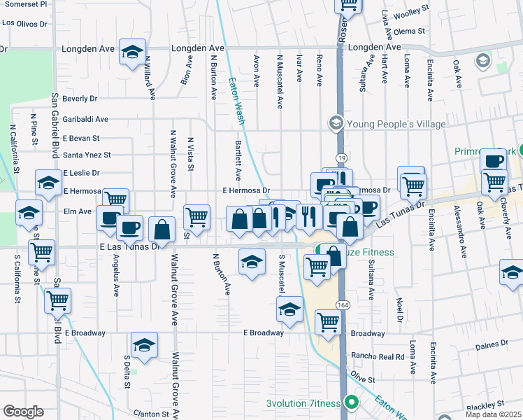map of restaurants, bars, coffee shops, grocery stores, and more near 5826 Tree Rose Terrace in San Gabriel