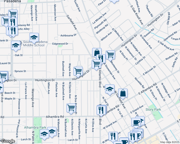 map of restaurants, bars, coffee shops, grocery stores, and more near 1751 La Senda Place in South Pasadena
