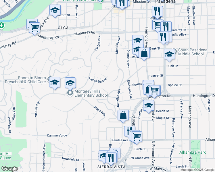 map of restaurants, bars, coffee shops, grocery stores, and more near 863 Flores De Oro in South Pasadena