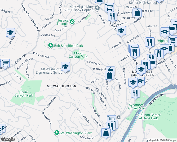 map of restaurants, bars, coffee shops, grocery stores, and more near 714 Quail Drive in Los Angeles