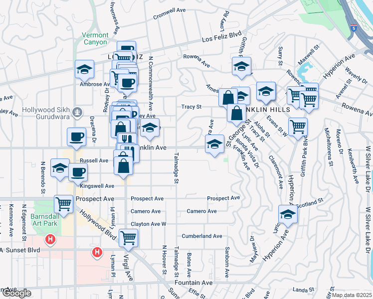 map of restaurants, bars, coffee shops, grocery stores, and more near 4249 Franklin Avenue in Los Angeles