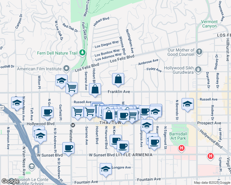 map of restaurants, bars, coffee shops, grocery stores, and more near 5181 Franklin Avenue in Los Angeles