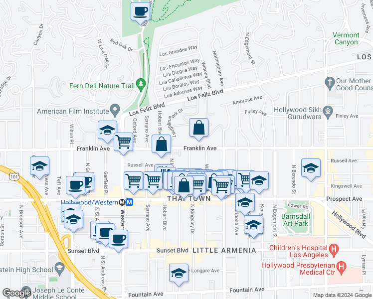 map of restaurants, bars, coffee shops, grocery stores, and more near 5181 Franklin Avenue in Los Angeles