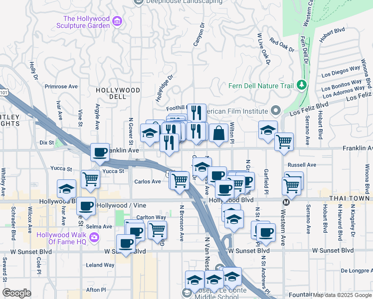 map of restaurants, bars, coffee shops, grocery stores, and more near 5833 Franklin Avenue in Los Angeles