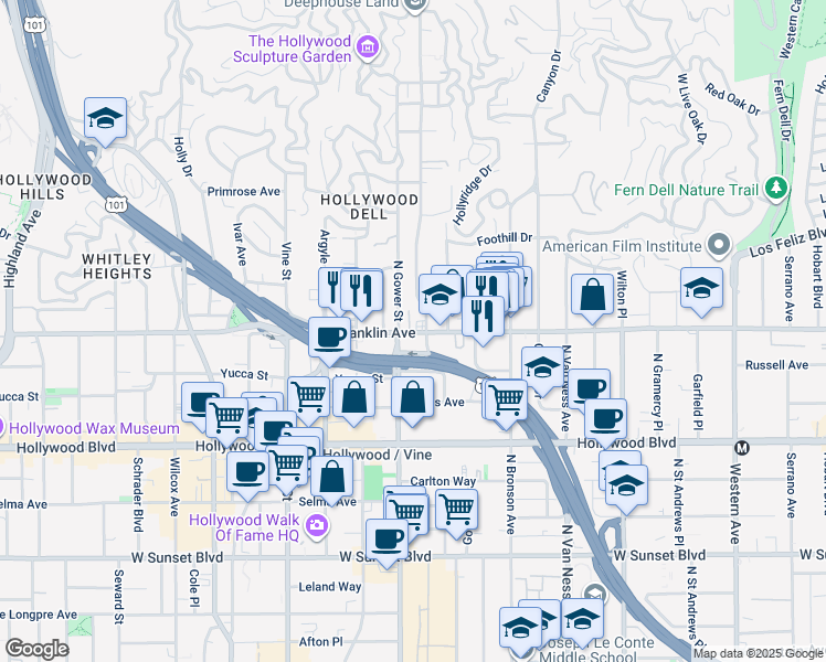 map of restaurants, bars, coffee shops, grocery stores, and more near 6130 Franklin Avenue in Los Angeles