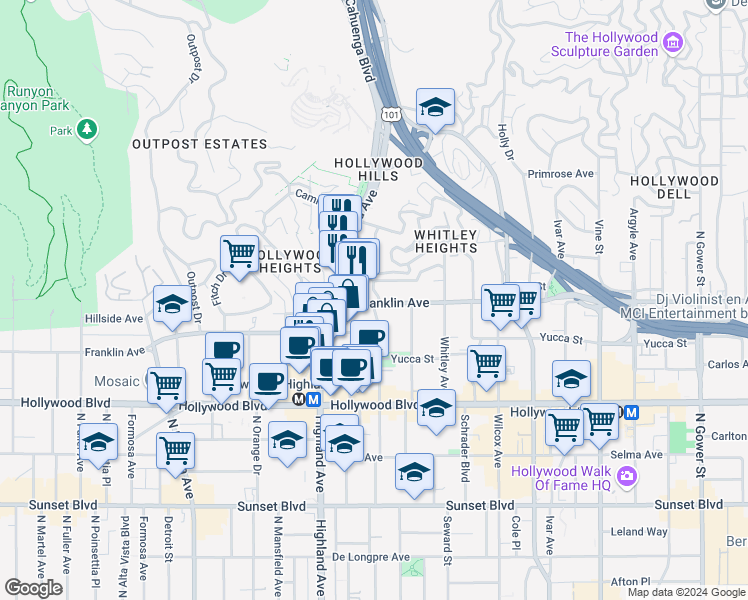 map of restaurants, bars, coffee shops, grocery stores, and more near 1909 1/2 North Las Palmas Avenue in Los Angeles