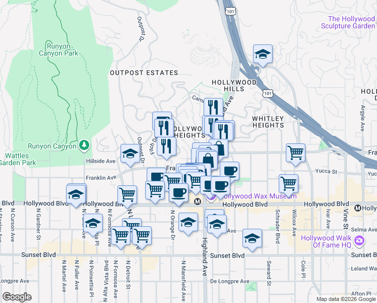 map of restaurants, bars, coffee shops, grocery stores, and more near in Los Angeles