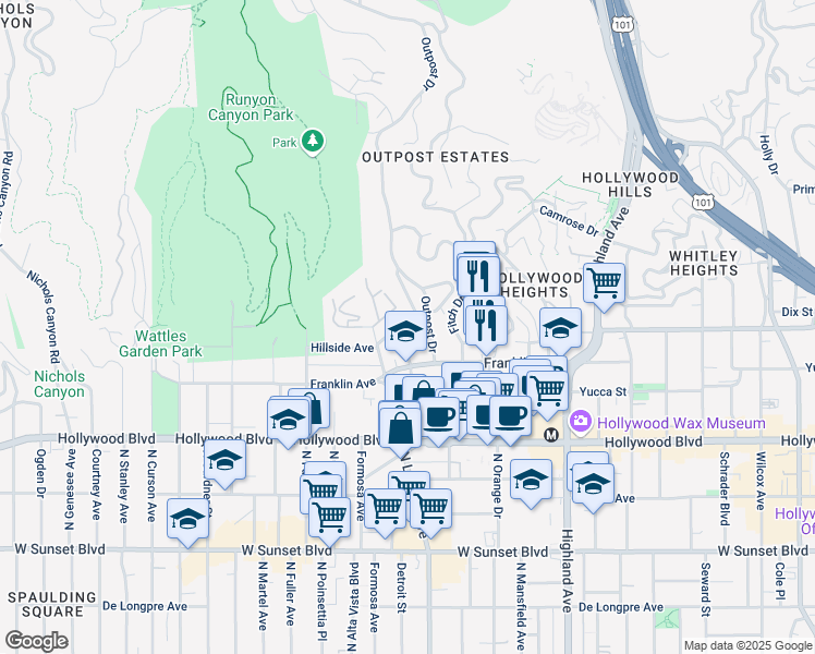 map of restaurants, bars, coffee shops, grocery stores, and more near 7075 Hillside Avenue in Los Angeles
