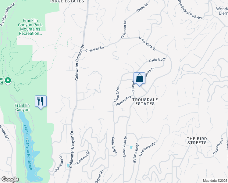 map of restaurants, bars, coffee shops, grocery stores, and more near 1650 Carla Ridge in Beverly Hills