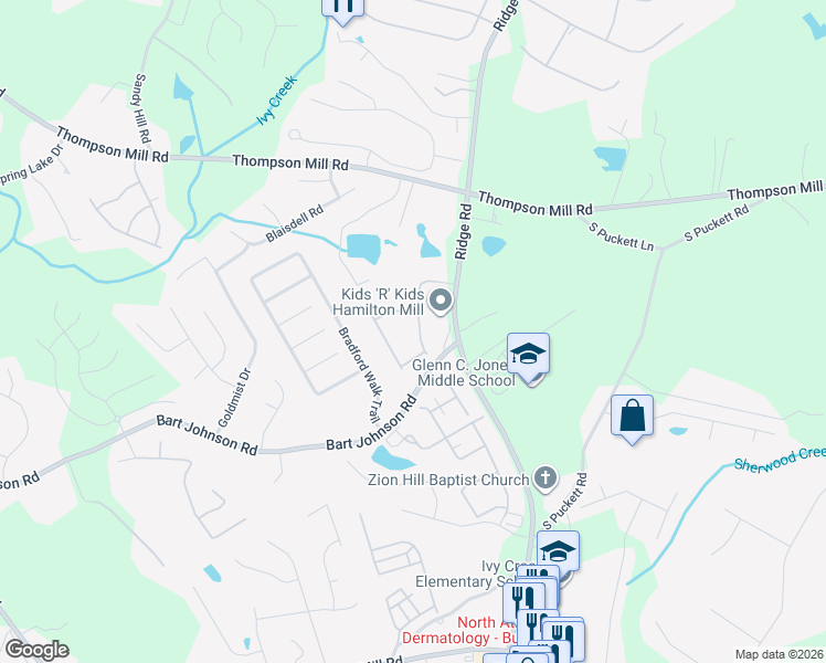 map of restaurants, bars, coffee shops, grocery stores, and more near 3718 Saddlemaker Drive in Buford