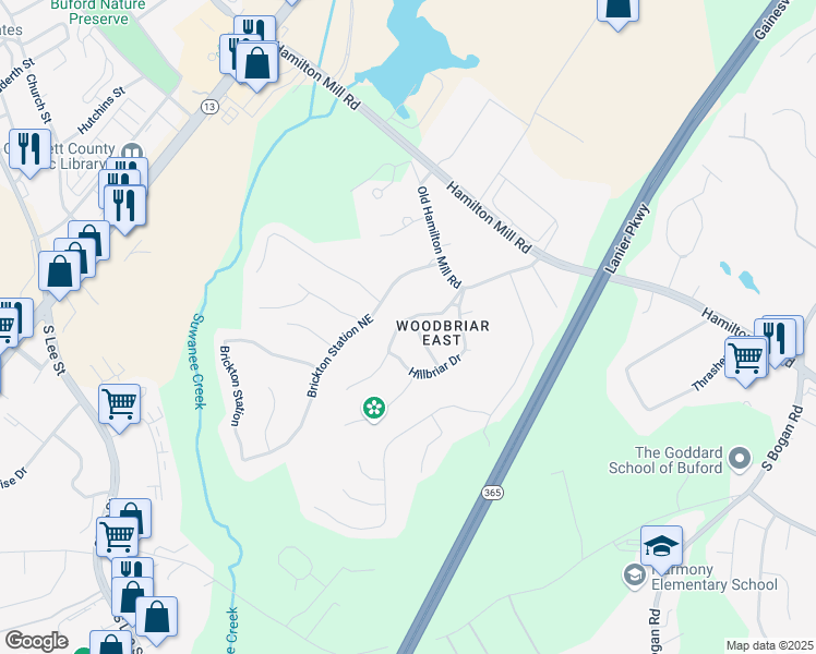 map of restaurants, bars, coffee shops, grocery stores, and more near 2239 Woodbriar Drive in Buford