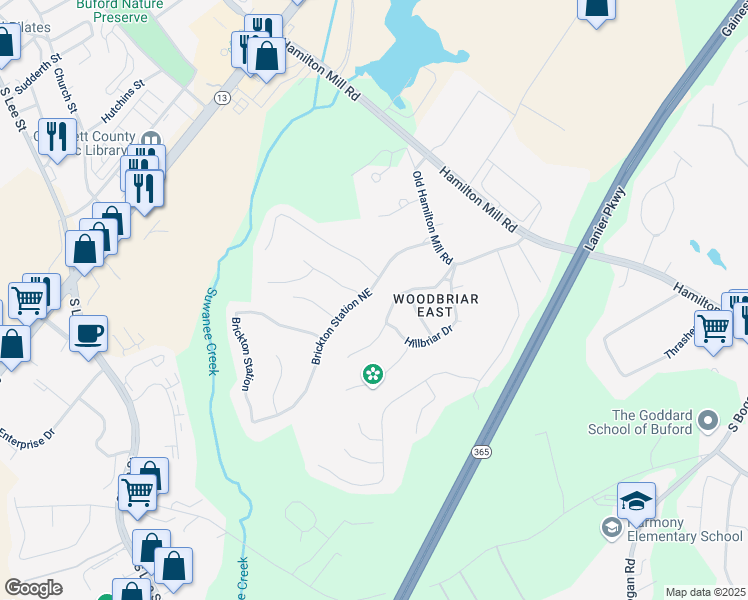 map of restaurants, bars, coffee shops, grocery stores, and more near 2195 Brickton Station in Buford