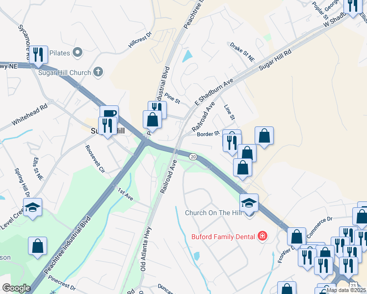 map of restaurants, bars, coffee shops, grocery stores, and more near 1357 Railroad Avenue in Sugar Hill