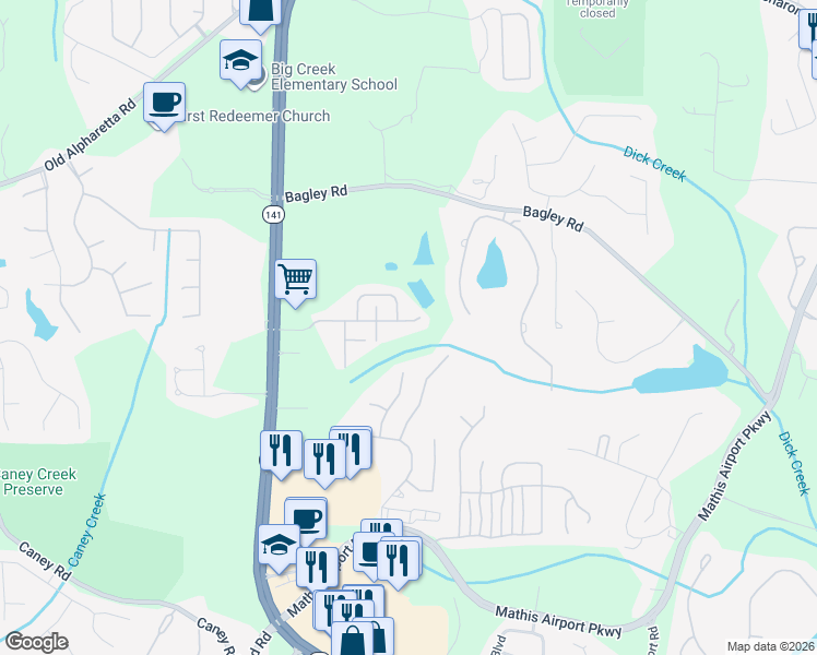 map of restaurants, bars, coffee shops, grocery stores, and more near 2680 Callaway Court in Cumming