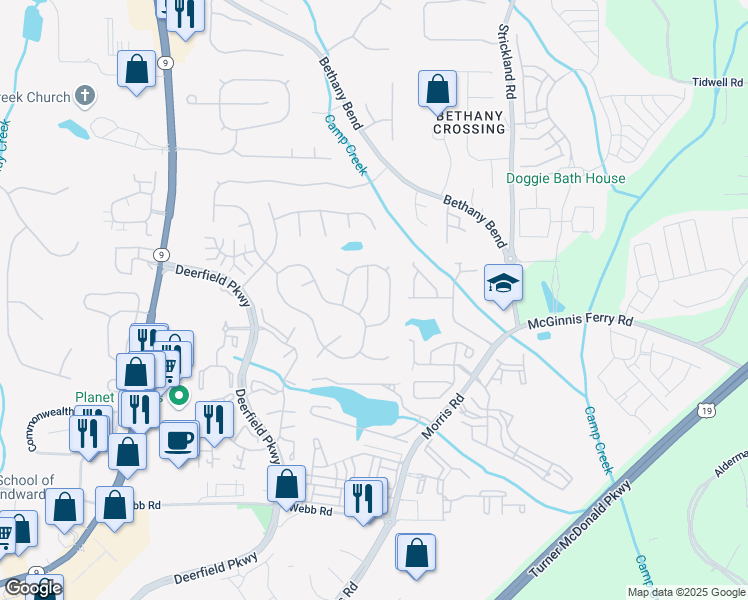 map of restaurants, bars, coffee shops, grocery stores, and more near 13341 Harpley Court in Alpharetta