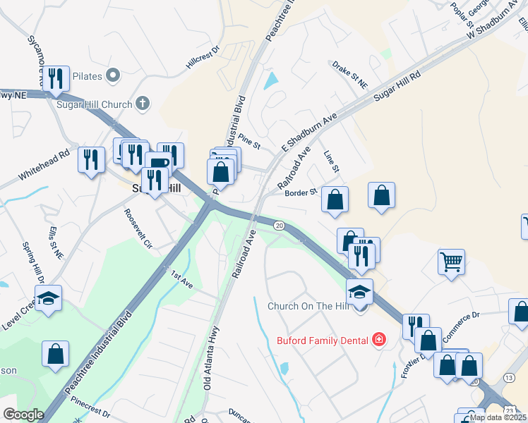 map of restaurants, bars, coffee shops, grocery stores, and more near 1357 Railroad Avenue in Sugar Hill