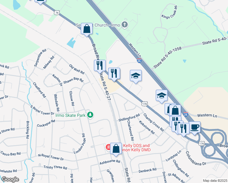 map of restaurants, bars, coffee shops, grocery stores, and more near 113 Charing Cross Road in Irmo
