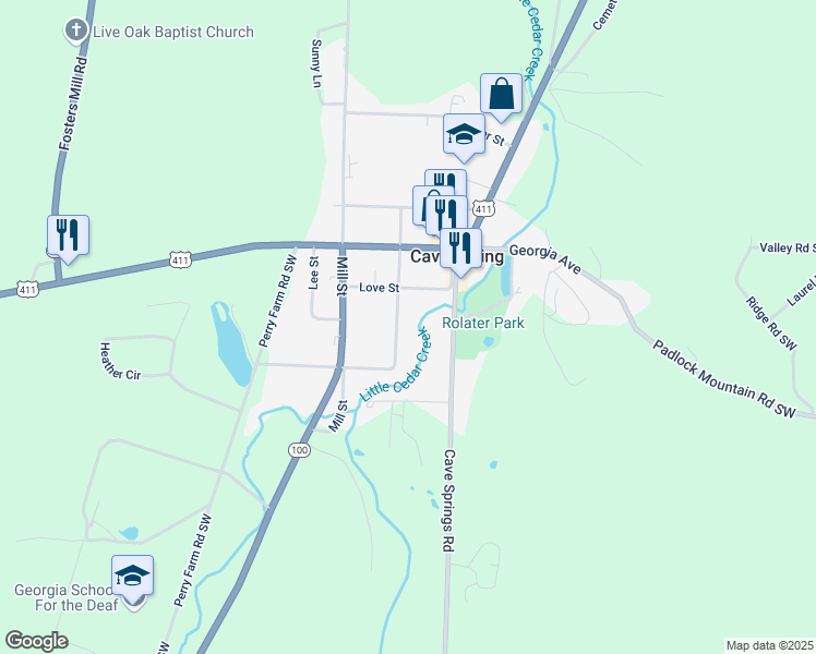 map of restaurants, bars, coffee shops, grocery stores, and more near 11 Fanning Street in Cave Spring