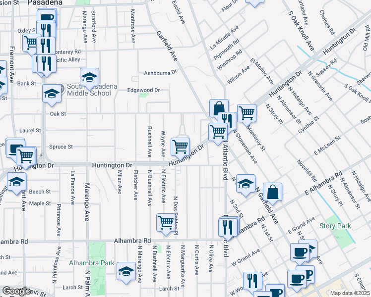 map of restaurants, bars, coffee shops, grocery stores, and more near 1809 Court Avenue in South Pasadena