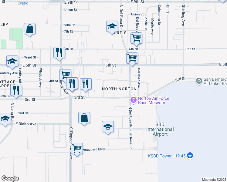 map of restaurants, bars, coffee shops, grocery stores, and more near 25267 Court Street in San Bernardino