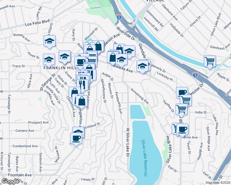 map of restaurants, bars, coffee shops, grocery stores, and more near 2501 Kenilworth Avenue in Los Angeles
