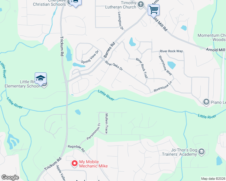 map of restaurants, bars, coffee shops, grocery stores, and more near 522 River Place in Woodstock