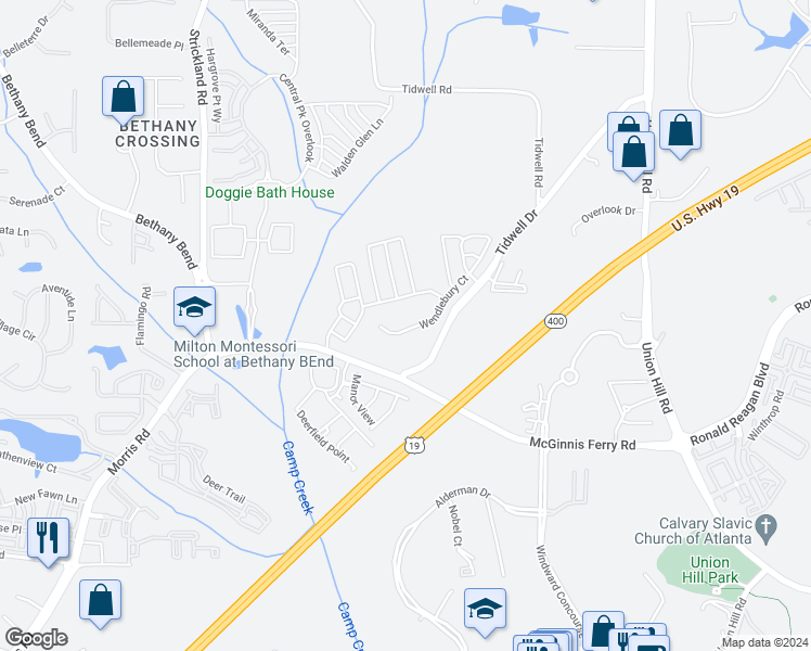 map of restaurants, bars, coffee shops, grocery stores, and more near 916 Wendlebury Court in Alpharetta