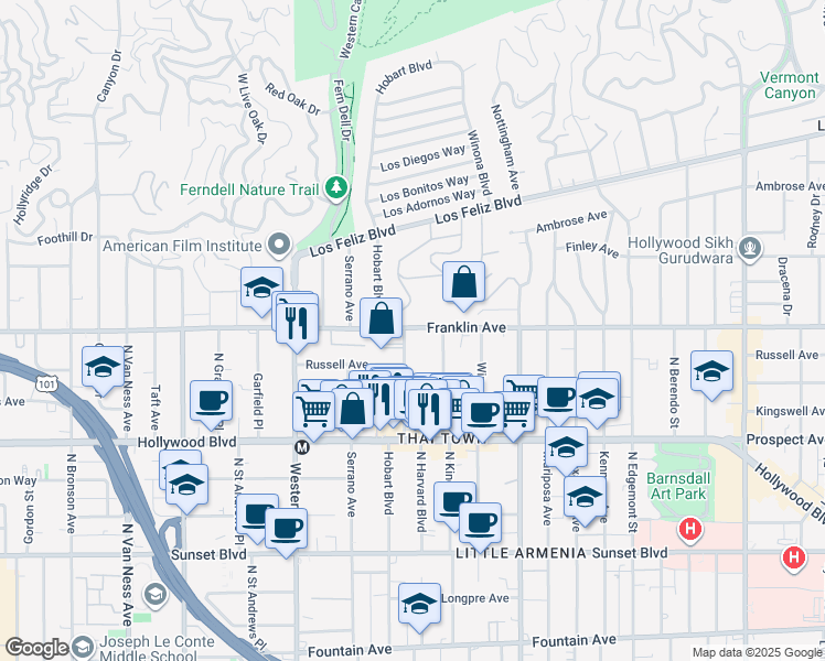 map of restaurants, bars, coffee shops, grocery stores, and more near 1850 North Harvard Boulevard in Los Angeles