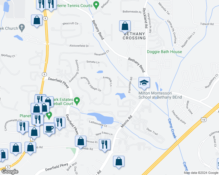 map of restaurants, bars, coffee shops, grocery stores, and more near 13437 Aventide Lane in Alpharetta