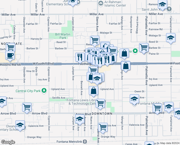 map of restaurants, bars, coffee shops, grocery stores, and more near 16838 Ivy Avenue in Fontana
