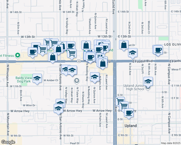 map of restaurants, bars, coffee shops, grocery stores, and more near 910 North Redding Way in Upland