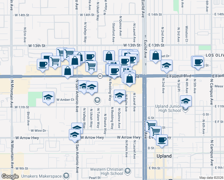 map of restaurants, bars, coffee shops, grocery stores, and more near 910 North Redding Way in Upland