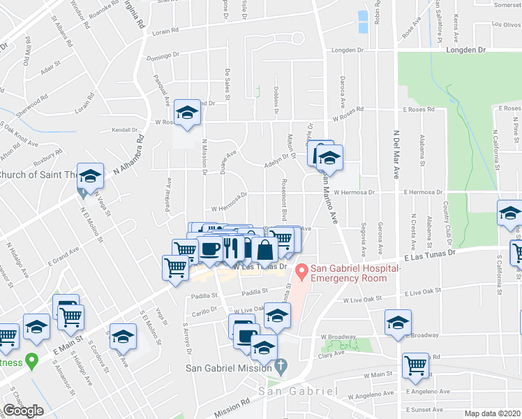 map of restaurants, bars, coffee shops, grocery stores, and more near 225 Bradbury Drive in San Gabriel