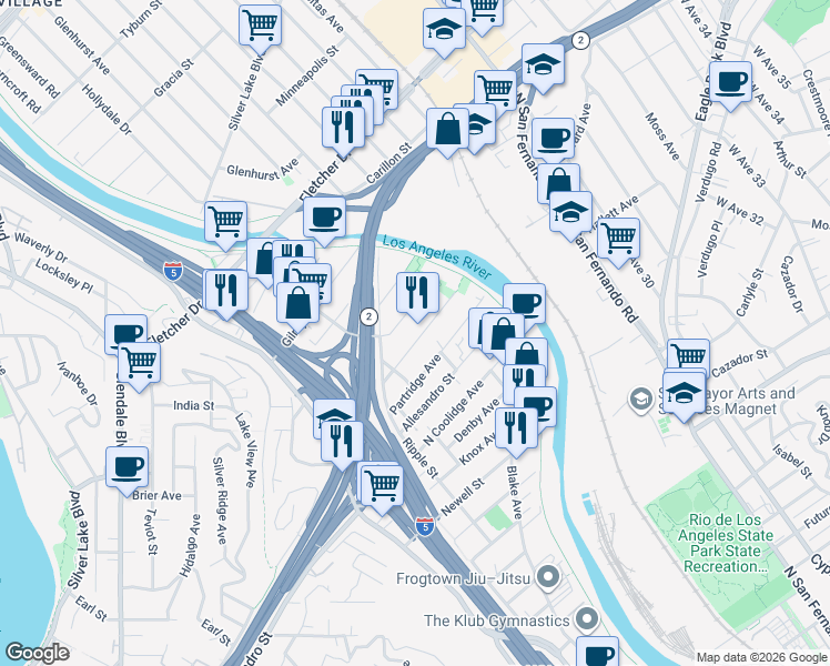 map of restaurants, bars, coffee shops, grocery stores, and more near 2845 Marsh Street in Los Angeles