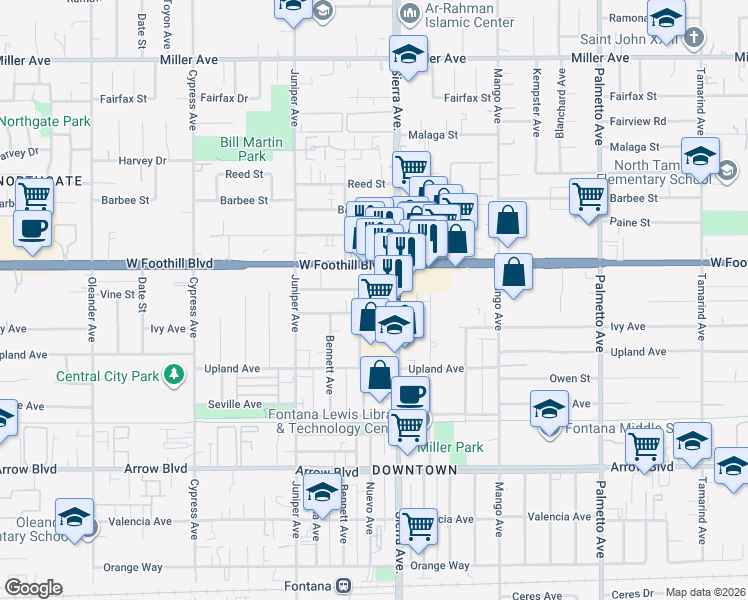 map of restaurants, bars, coffee shops, grocery stores, and more near 16854 Ivy Avenue in Fontana