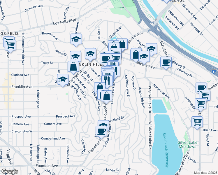 map of restaurants, bars, coffee shops, grocery stores, and more near 2617 Griffith Park Boulevard in Los Angeles