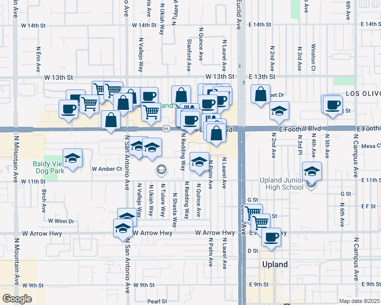map of restaurants, bars, coffee shops, grocery stores, and more near 910 North Redding Way in Upland