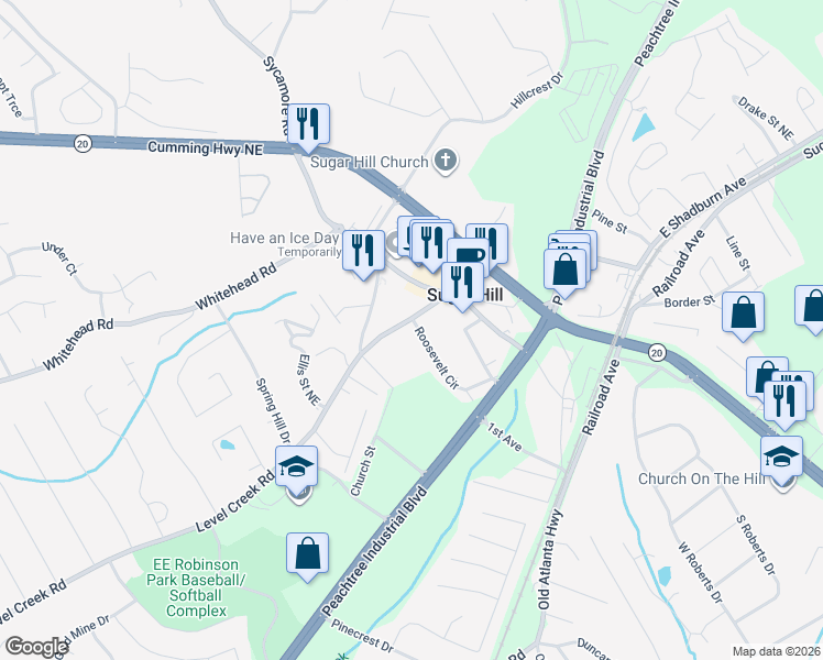 map of restaurants, bars, coffee shops, grocery stores, and more near 5010 West Broad Street Northeast in Sugar Hill