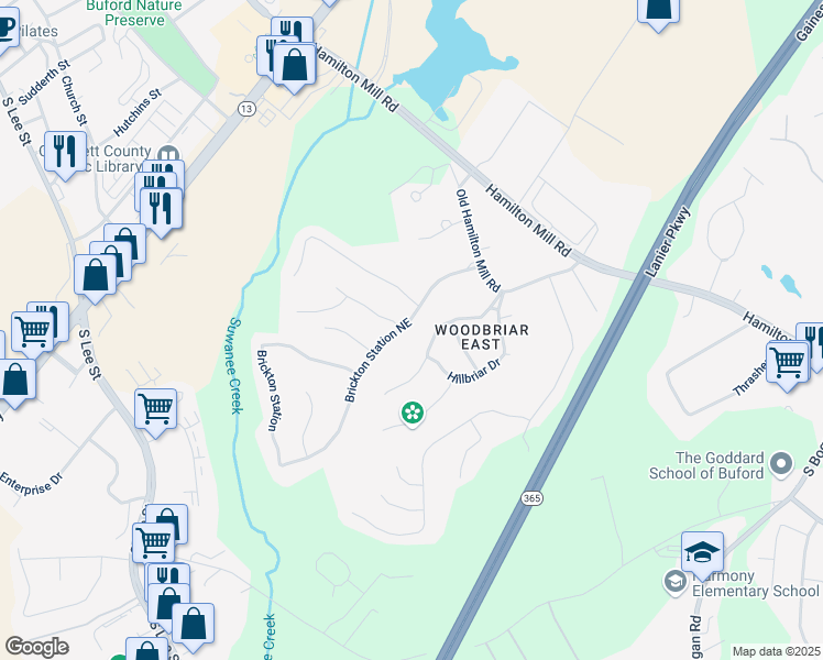 map of restaurants, bars, coffee shops, grocery stores, and more near 2195 Brickton Station in Buford