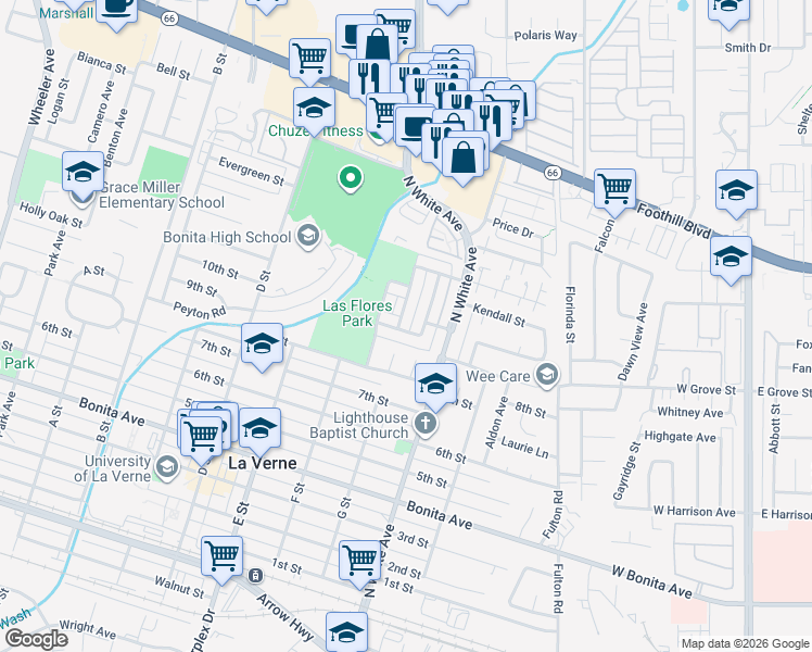 map of restaurants, bars, coffee shops, grocery stores, and more near 2962 Winfield Avenue in La Verne