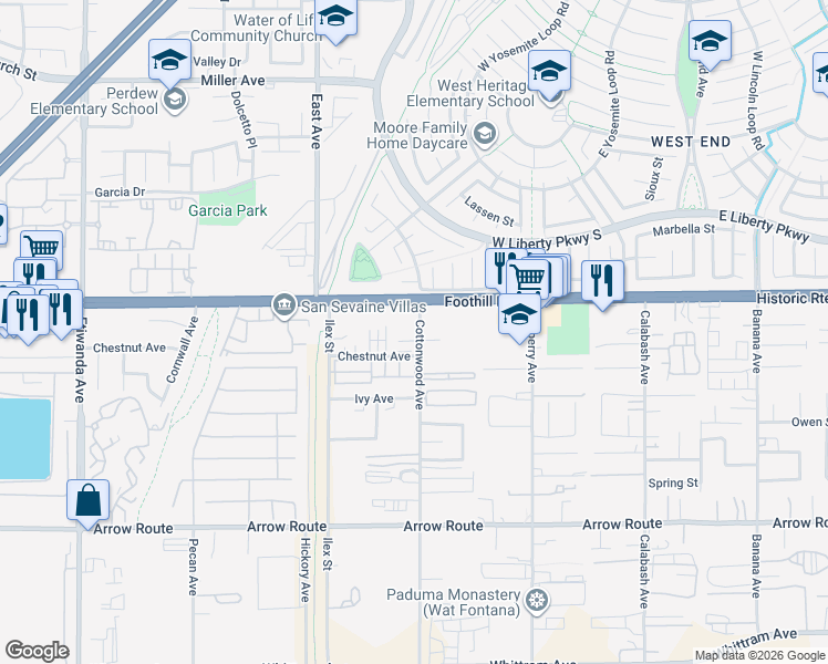 map of restaurants, bars, coffee shops, grocery stores, and more near 8150 Cottonwood Avenue in Fontana