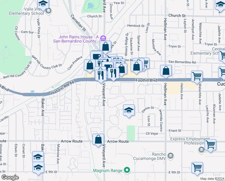 map of restaurants, bars, coffee shops, grocery stores, and more near 8167 Vineyard Avenue in Rancho Cucamonga