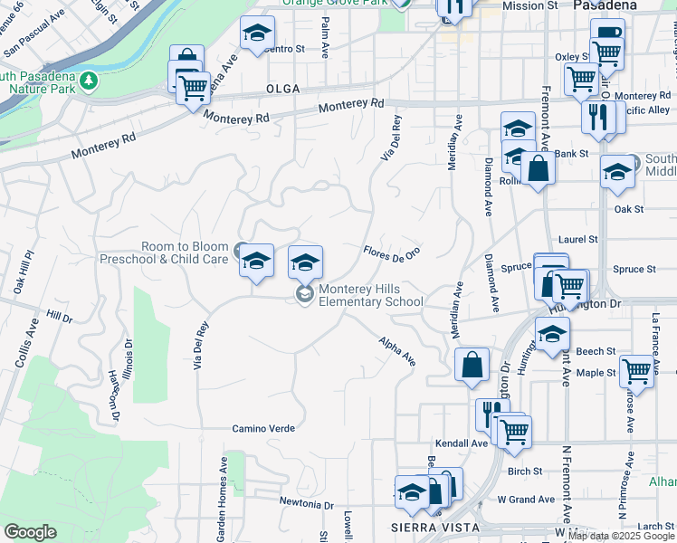 map of restaurants, bars, coffee shops, grocery stores, and more near 1517 Vía Del Rey in South Pasadena