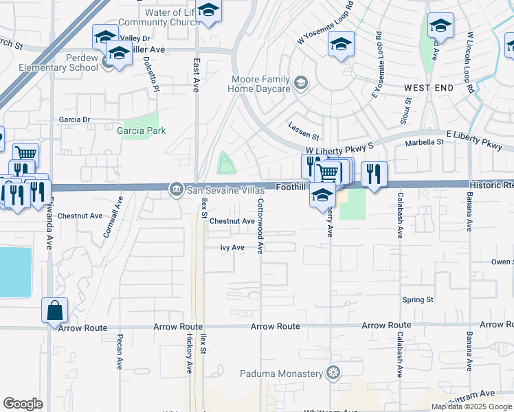 map of restaurants, bars, coffee shops, grocery stores, and more near 8150 Cottonwood Avenue in Fontana